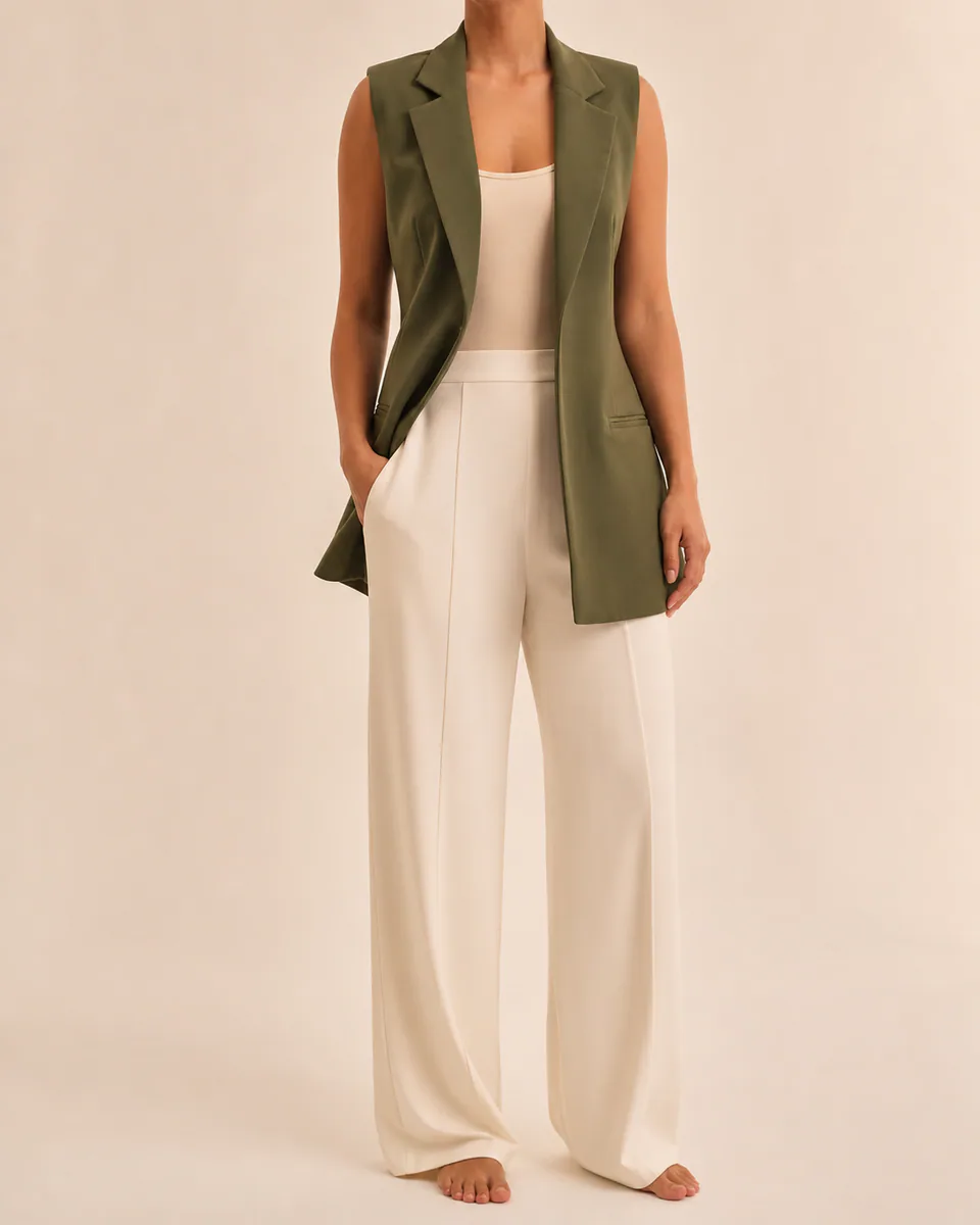 Modelo vestindo colete oversized verde-oliva em estúdio claro