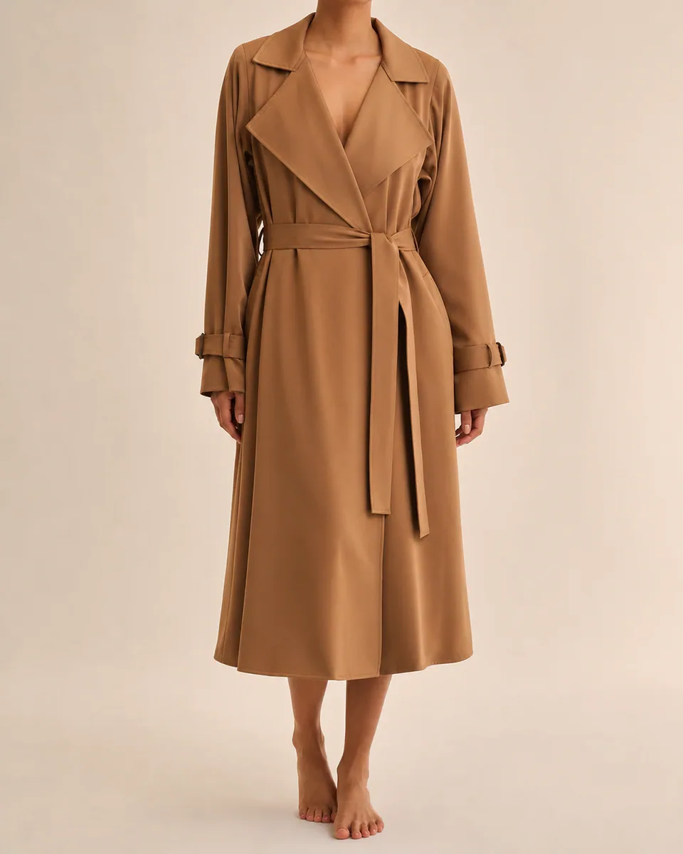 Modelo vestindo trench coat caramelo de corte fluido em estúdio claro