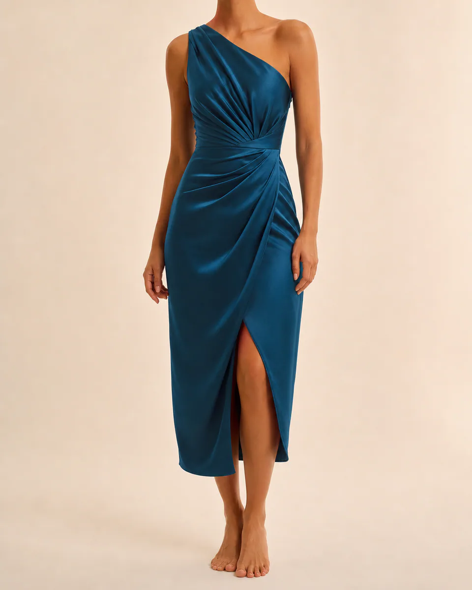 Modelo vestindo vestido midi assimétrico azul-petróleo em estúdio claro