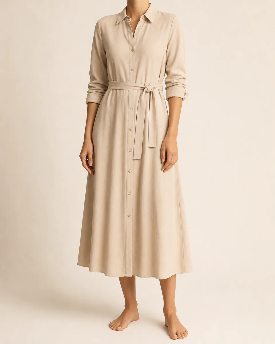 Modelo vestindo vestido chemise em tom areia sobre fundo claro